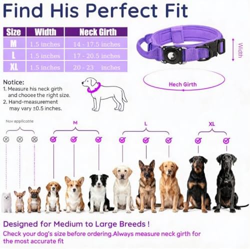 Tactical AirTag Dog Collar with Waterproof Holder(1st/2nd Generation) | Military-Grade Adjustable Collar, Comfortable Control Handle & Metal Buckle for Medium Dogs，Smart QR ID tag (Purple, M)
