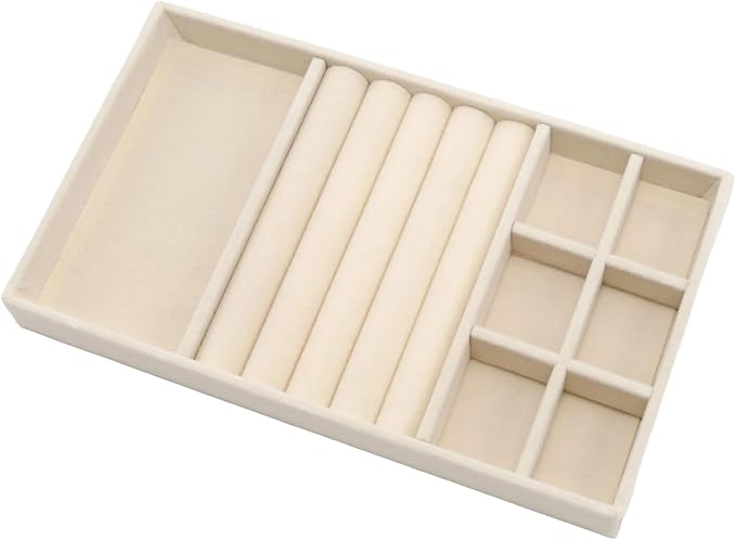 Velvet Jewelry Organizer Tray, Beige 3-in-1 | Stackable Jewelry Storage Display Tray with Removable Dividers for Drawer Dresser Cloest Organizer