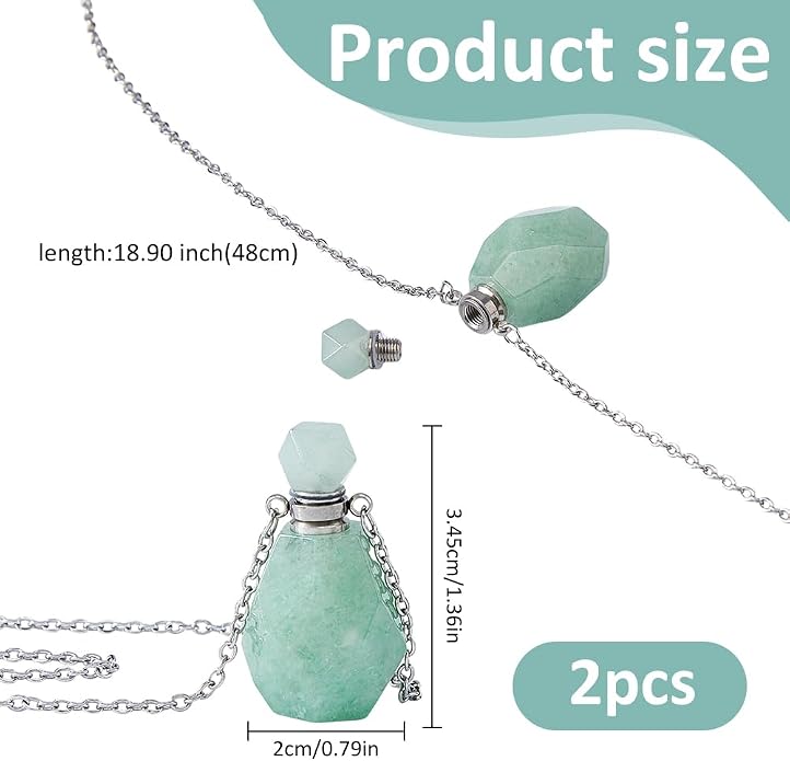 SUPERFINDINGS 2Pcs Perfume Bottle Necklace Essential Oil Diffuser Necklace Natural Crystal Perfume Bottle Pendant with 304 Stainless Steel Chain Gemstone Vial Pendant for Woman Men