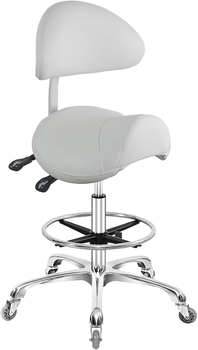 Saddle Stool Chair with Back Support Footrest, Heavy-Duty(350LBS), Hydraulic Rolling Swivel Adjustable Stool Chair for Salon Spa Beauty Massage Dental Clinic Home Office Use(White)