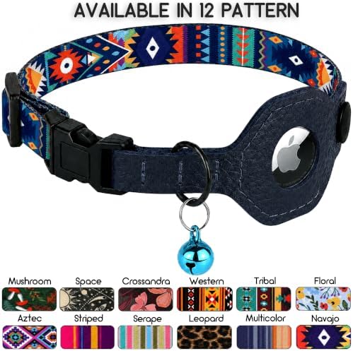 Breakaway Cat Collar with Leather AirTag Holder & Bell - Apple Air Tag Cat Collars for Girls & Boys, Lightweight Anti-Lost GPS Tracker Design, Printed Pattern - Safety and Adjustable (Navajo)