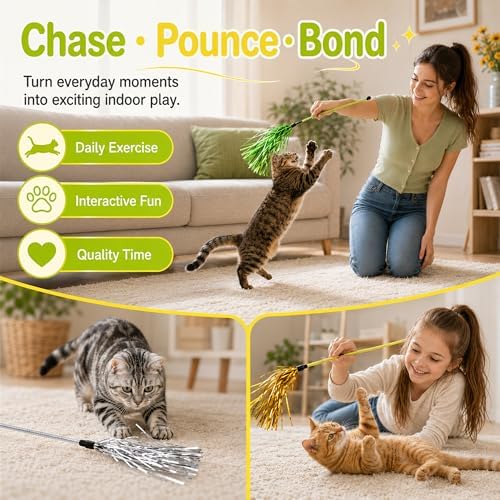 ADUCK Tinsel Cat Wand Toys for Indoor Cats, Interactive Kitten Toys, 3 Pack