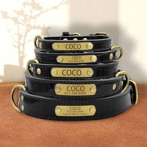 Personalized Genuine Leather Dog Collar with Engraved Name Plate - Durable and Stylish Custom Dog Collar for Small, Medium, and Large Dogs (S,Black)