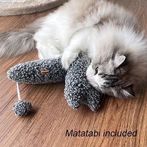 TTcat 14.6 Inch Large Curly Plush Pillow Cat Kicker Toy with Catnip Silvervine Powder, Soft Stuffed Cat Chew Toy with Tail, Interactive Toy for Indoor Cats and Kittens(Grey).