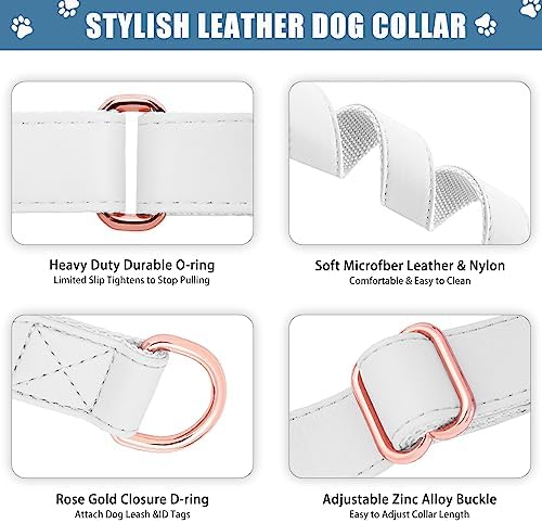 Soft Leather Martingale Dog Collar - Adjustable Rose Gold Limited Slip Collars [Easy to Clean], Stylish Durable Heavy Duty Nylon No Pull Training Collar for Small Medium Large Dogs XS White
