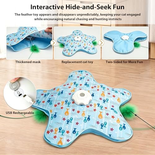 Automatic Interactive Cat Toy Hide and Seek Electric Toy with Feather Wand Bird Sounds Touch Activated USB Rechargeable Play Mat for Indoor Cats Self Play Exercise for Kittens and Cats