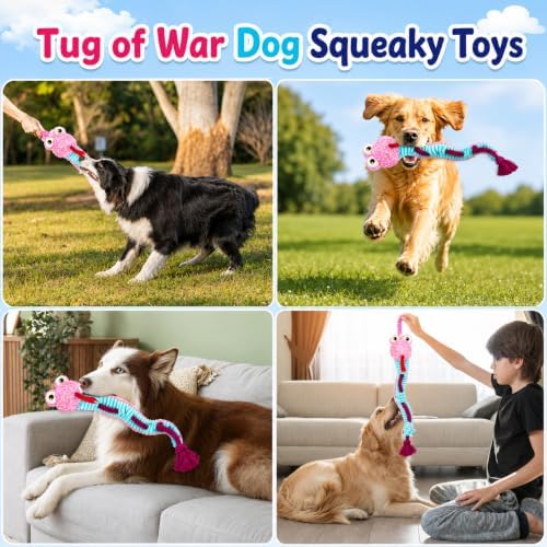 Dog Toys Squeaky Plush No Stuffing, Stuffless Crinkle Dog Toy with Rope Tug Pull Design, Durable Chew Toy for Puppies Small Medium Large Dogs, Fun Interactive Pet Toy