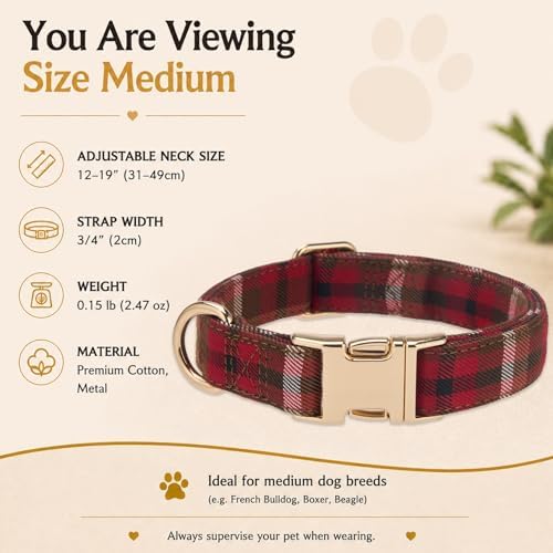 Soft Cotton Dog Collar Classic Plaid Pet Collars with Metal Clasp for Medium Dogs with Sensitive Skin, Vintage Red