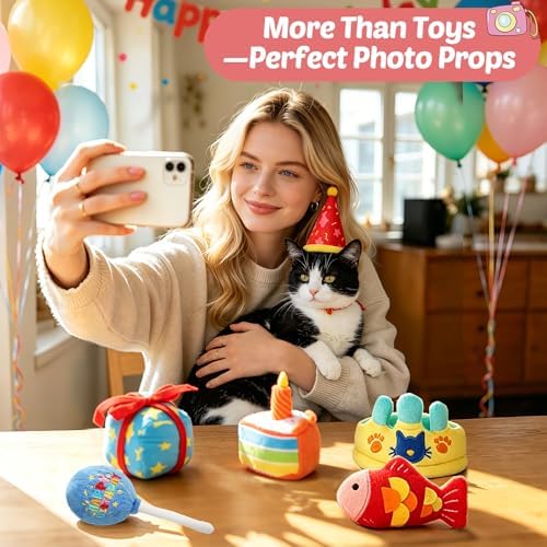 CiyvoLyeen Plush Birthday Catnip Toys for Indoor Cats 6 Pack