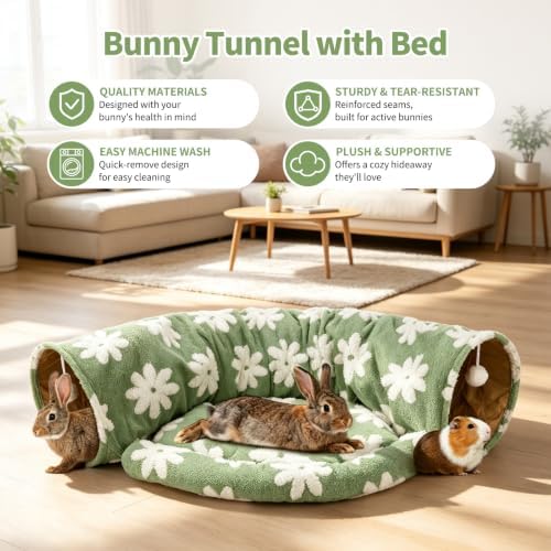 BWOGUE Bunny Tunnel Bed, 2-in-1 Collapsible Rabbit Tunnel Hideout with Mat