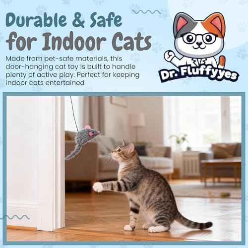 Interactive Cat Toys for Indoor Cats - Hanging Door Cat Toy with Bouncy Mouse and Bell - Door-Mounted Fun Toy for Cats at Home - Includes 2 Bonus Attachments