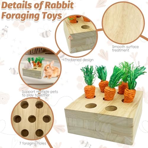 PINVNBY 6 PCS Rabbit Foraging Toys Wooden Bunny Enrichment Toy Guinea Pig Chew Toy Hamster Interactive Hide Treats for Rabbits Bunnies Chinchillas Rats (with 5 PCS Carrot Teething Toys