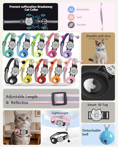 Cat Collar with AirTag Holder, QR Code Tag and Bell (Rose red)