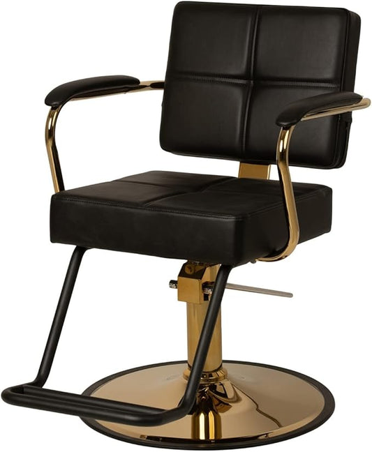 Buy-Rite Victoria Styling Chair for Professional Salons and Barbers, Gold Frame, Smooth All Black Premium Vinyl with Detailed Stitching, Hydraulic Pump, NIN-5506