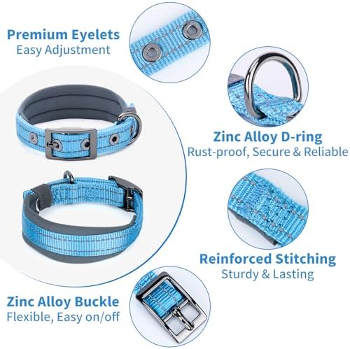 Segarty Reflective Blue Dog Collar for Small Dogs, Adjustable Wide Soft Comfortable Breathable Neoprene Padded Nylon Collar with Heavy Duty Metal Buckle for Puppy Small Breeds (S, Light Blue)