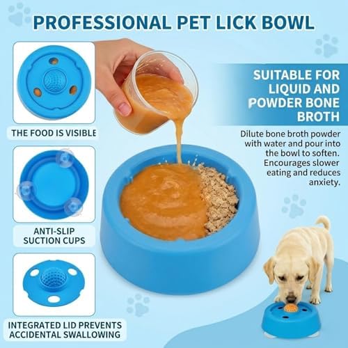 Slow Feeder Dog Bowl with Rolling Ball, Interactive Lick Bowl, Non-Slip, Spatula & Cleaning Brush Set, Anxiety Relief Toy (Light Blue)