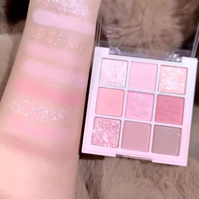 9 Colors Glitter Shimmer Eyeshadow Makeup Palette, Korean Natural Neutral Eye shadow Palettes Highly Pigmented Long Lasting Waterproof Blendable sombras para ojos Pink White Golden Brown