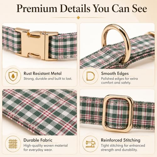 Soft Cotton Dog Collar Classic Plaid Pet Collars with Metal Clasp for Large Dogs with Sensitive Skin, Heritage Red Green