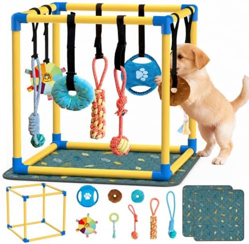 Puppy Play Gym with Pee Pads & 8 Toys (Yellow,19.6″ x 19.6″ x 19.6″‌)