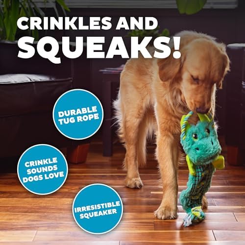 Outward Hound Ropiez Rope Interactive Dog Tug Toy for Tugging Squeaky Fun, 21 Inch Dragon, Blue, Medium