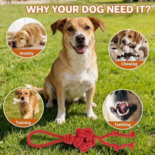 3 Pack Cotton Rope Dog Toy Set, Indestructible Chew Toys for Aggressive Chewers, Puppy Teething Toys with Bone, Human & Chinese Knot Designs for Boredom Relief & Tug of War， Red