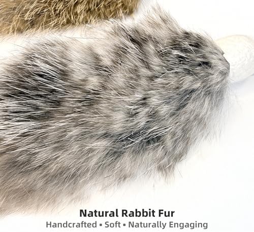 2 Pack Natural Rabbit Fur Cat Toy Refills – Silent Interactive Cat Toys for Indoor Cats, Handmade Replacement Heads with Secure Connector for Cat Wand Toys