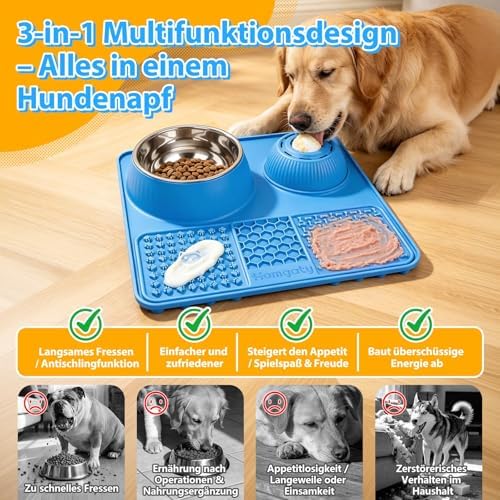 3-in-1 Dog Lick Bowl with Rolling Ball & Slow Feeder Mat & Basic Dog Food Bowl 50oz Stainless Steel, Anti-Slip Pet Licking Toy for Liquid Treats, Bone Broth Yogurt Anxiety Relief for Dog Cat
