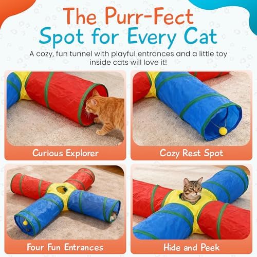 Cat Toys - 4-Way Tunnel for Indoor Cats with Peek Hole & 2 Mice - Large Foldable Rainbow Tube with Hanging Ball for Kittens, Rabbits, Small Dogs - Ideal Cat Toy