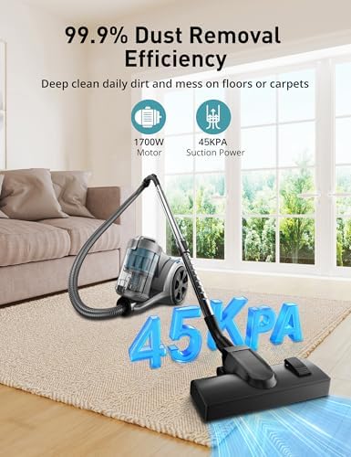 Aspiron 1700W Canister Vacuum Cleaner, 45Kpa Bagless Vacuum Cleaner | Multi-Cyclonic Filtration, 2 Anti-Allergen HEPA Filters, 3.5QT Dust Cup, No Hair Tangles for Hard Floor, Pet Hair, Ice Blue