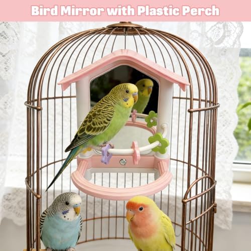 kathson Bird Mirror with Plastic Perch and 5PCS Colorful Rattan Balls Parakeet Hanging Swing with Mirror Interactive Toy Bird Cage Accessories for Cockatiel Parrot Conures Cockatoo Finch(Pink)