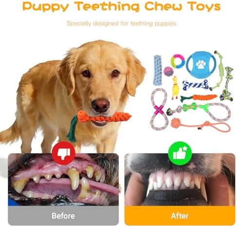 Dog Teething Chew Toys - 12 Pack Small Medium Breed Puppy Toy, Variety Dogs Rope Chew Toys Bundle for Boredom,Pet Interactive Squeaky Toys. Indestructible Cotton Puppy Teething Chew Tug Toys