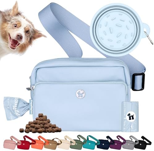 Puppington 3-in-1 Crossbody & Dog Treat Pouch for Pet Training - Matching Compostable Poop Bags, Built-In Poop Bag Dispenser & Slow-Feeding Travel Dog Bowl - Dog Walking Bag (Ice Blue)
