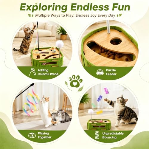 5-in-1 Cat Puzzle Box Toy for Indoor Cats Boredom Relief Interactive Wooden Cat Enrichment Maze with Balls, Feather Wands & Spiral Springs, Slow Feeder Treat Dispenser for Kittens & Adult Cats