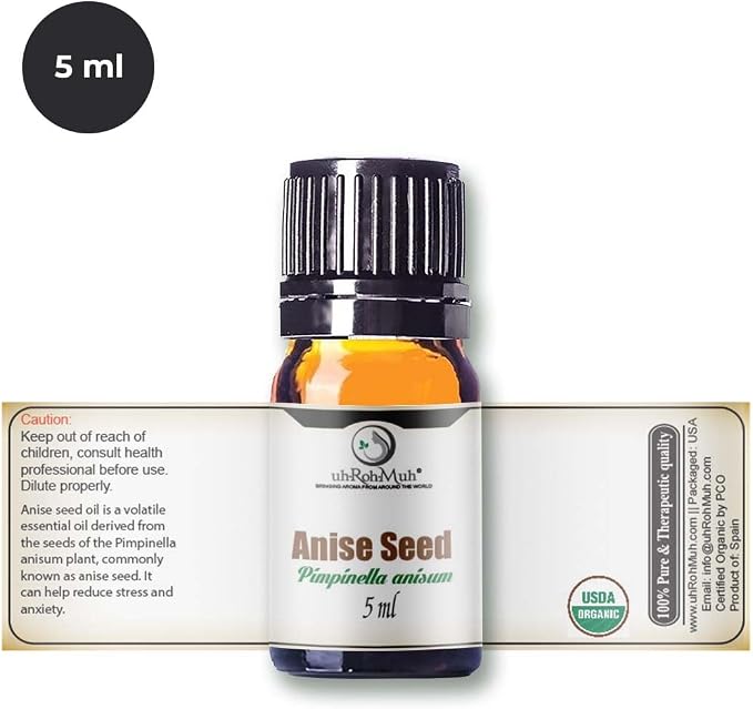 Anise Seed Organic Essential Oil - Steam Distilled Pure Pimpinella Anisum Oil for Aromatherapy, Diffusers, Soap Making, Candle Making, Cosmetic Formulations Massage DIY Personal Care - Spain - 5 ml