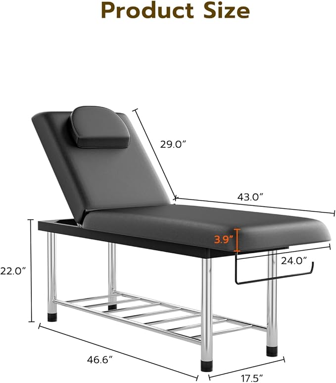 SyyBhb Professional Stationary Massage Table, 550lbs Heavy Duty Wide Exam Bed for Treatment, Backrest Adjustable, Removable Headrest, Bottom Shelf Storage and Towel Hook, Black