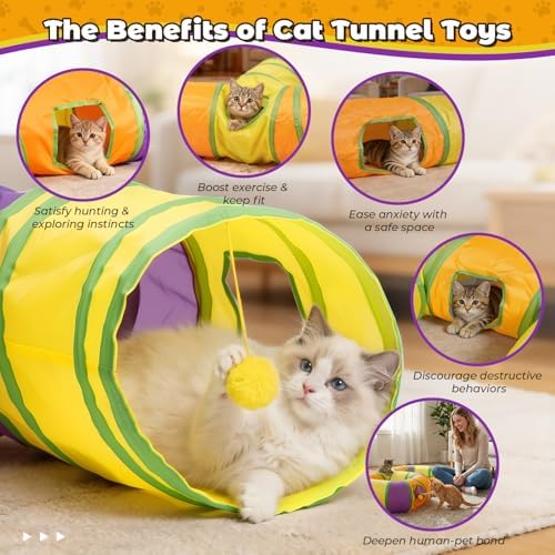 Cat Tunnel for Indoor Cats 6-Shaped, Collapsible Cat Playhouse Pet Play Tunnel Tube Maze with Hanging Pom-Poms and Interactive Hole for Kitten, Kitty, Puppy, Rabbits, Ferret, Guinea Pig