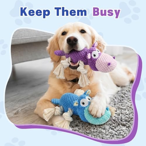 TOOPTATE 2-Pack Squeaky Hippo Dog Toys, Blue & Purple, Medium