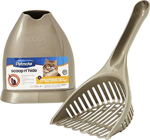 Petmate Scoop N' Hide Cat Litter Scoop with Discreet Holder, Brushed Nickel | Features a Deep Bucket Scoop with Built-In Rake to Sift Litter and a Hinged Stand That Hides the Scoop Between Cleanings