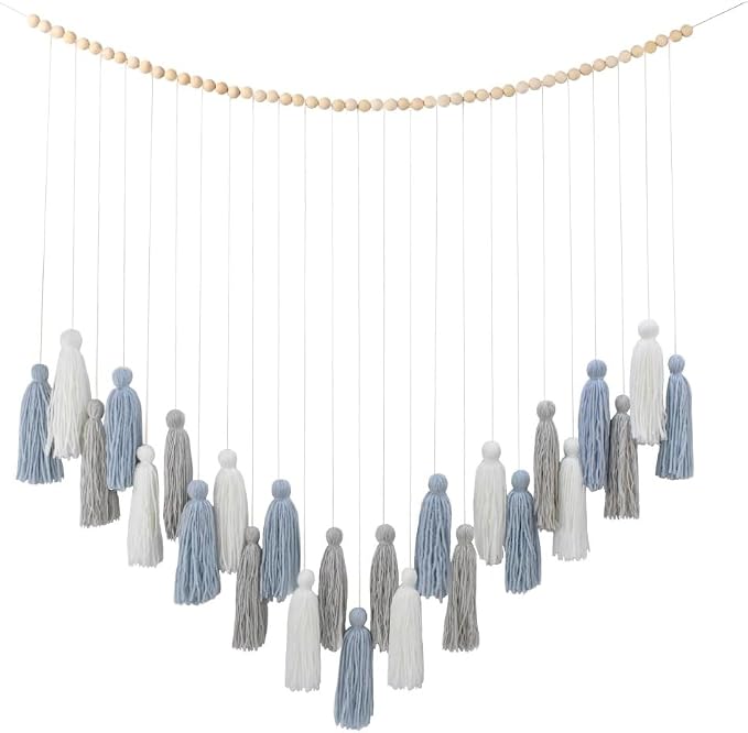 DrCor Dusty Blue Boho Macrame Garland Wall Hanging Decor | Handmade yarn banner for classroom, dorm, reading corner and coastal styling. Pre-assembled, lightweight, reusable.