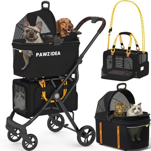 PAWZIDEA Double Pet Stroller with 2 Detachable Carrier, Multifunctional