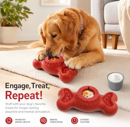 Dog Enrichment Toys - Freezable Treat Dispensing Bone Toy with 2 Lidded Treat Cups and Stuffable Side Grooves, Interactive Dog Busy Toy for Medium Large Dogs