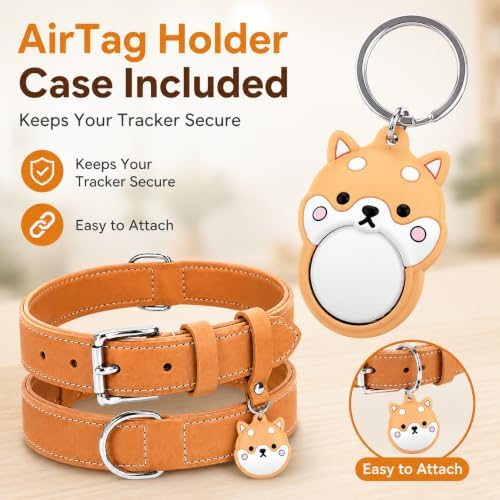 Genuine Leather Dog Collar, Soft Padded Leather Dog Collars with Airtag Holder Case for Small Medium Large X-Large Dogs,Comfort Heavy Duty Pet Collar with Durable Metal Buckle & D-Ring-Khaki/XS