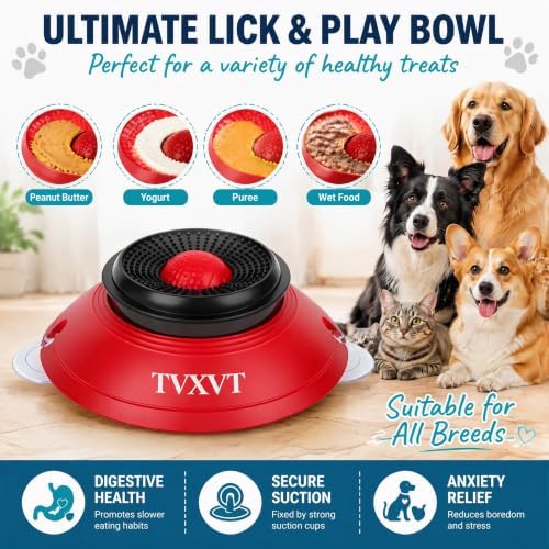 Rolling Lick Feeder Ball Bowl with Suction Cups Anti Slip Slow Feeder Interactive Puzzle Enrichment Toy for Dogs Cats Suitable for Wet Food Yogurt Bone Broth Nutrient Liquid (Red)