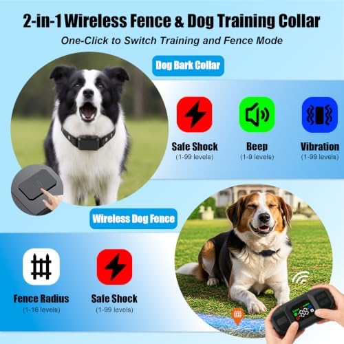 2-in-1 Wireless Dog Fence & Training Collar,300M Range,16 Boundary Levels,Rechargeable Collar with Beep,Vibration & Gentle Static Guidance,IPX6 Waterproof for Small Medium Large Dogs
