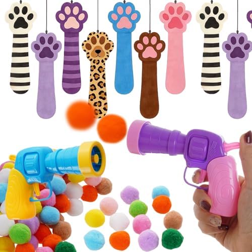 2Pcs Cat Ball Launchers with 100Pcs Pom Pom Balls Cat Interactive Soft Ball Toy Interactive Pet Toys Launcher for Cats Indoor Play