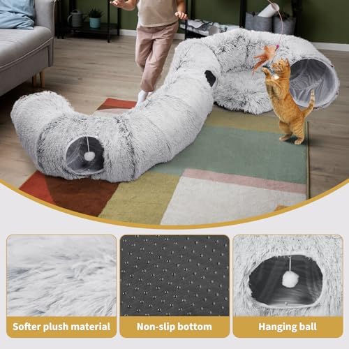 Cat Tunnels Bed with 1 Straight Tunnel and 20 Pet Toys - 5 Shapes DIY Indoor Cats Cave - Detachable Soft Cat Donut for Kitten Puppy Rabbit Ferret