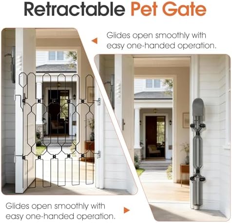 Metal Retractable Dog Gate for Front Door, Adjustable Pet Barrier for Doorways, Easy to Open Door Blocker for Dogs and Cats, Space Saving Design for Apartments RVs Indoor Outdoor