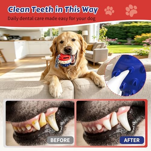Dog Chew Toys Floating 4" Squeaky Ball for Aggressive Chewers Toothbrush Teething Cleaning Toys Outdoor Swimming Interactive Tough Toys with Treat Dispenser Ball for Medium and Large Dogs