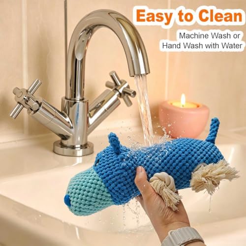 Blue Hippo Plush Chew Dog Toy, 11.8 in, Squeaker and Rope