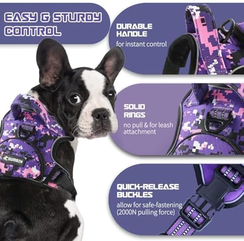 No Pull Dog Harness for Large Dogs, Adjustable No Choke Pet Vest with Dog Leash Fit Smart Reflective Pet Walking Harness for Training Easy Control Soft Handle Purple Camo L